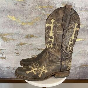 Circle G Boots Womens Size 9 Brown Leather Cross Embroidered Western Square Toe